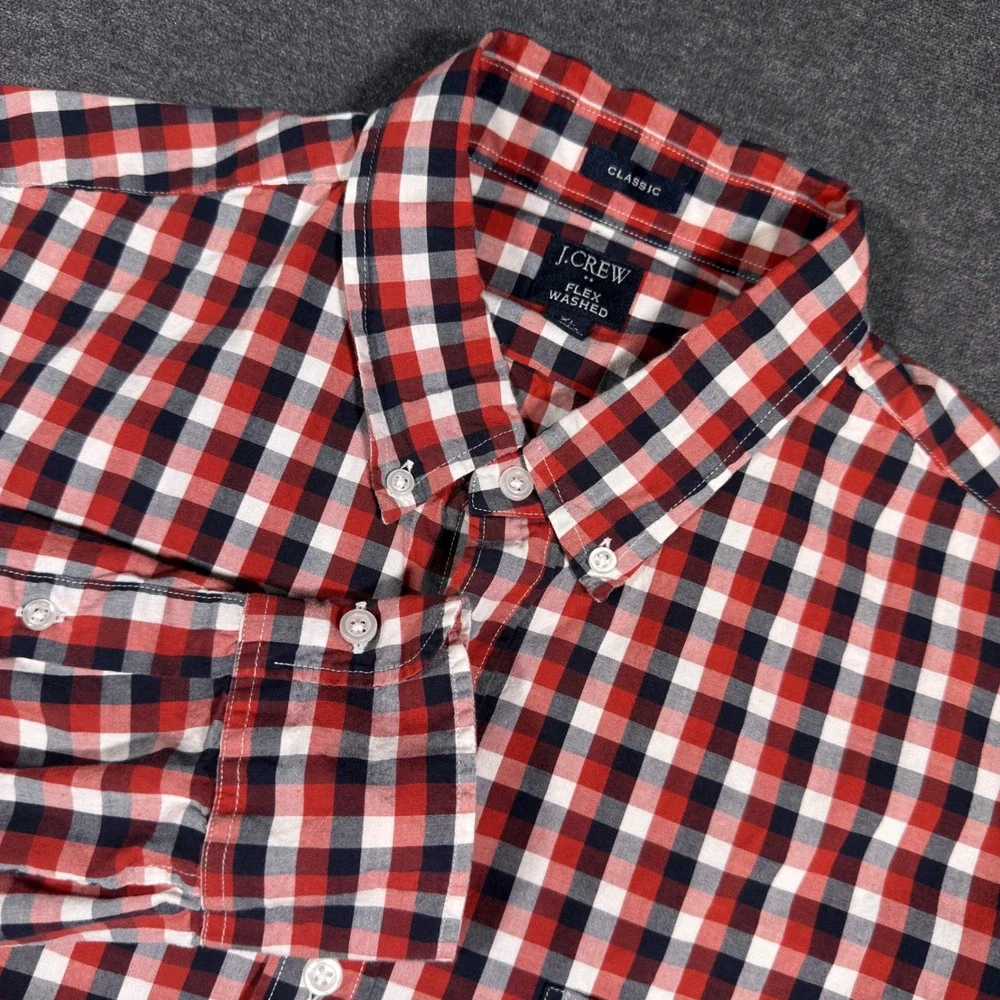 J.Crew Button Down Shirt Mens XL Red Gingham Plaid Flex Washed‎ Classic Fit Prep
